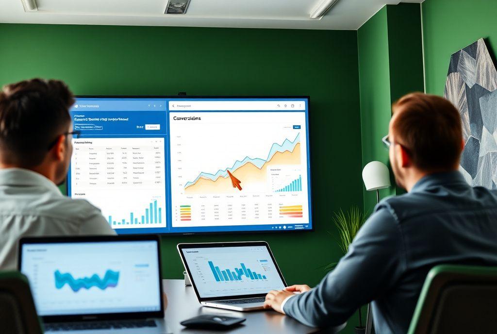 Analysts reviewing conversion funnels and heatmaps on a large screen