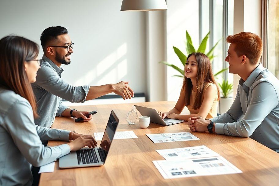 Business owner meeting a web agency team across a table