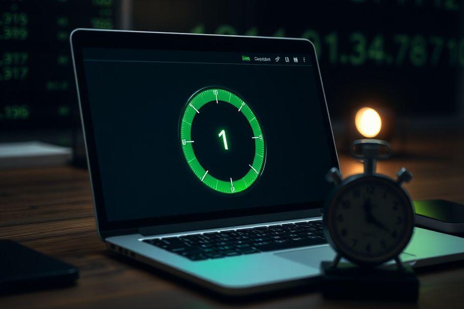 Website performance gauge showing fast load time on a laptop
