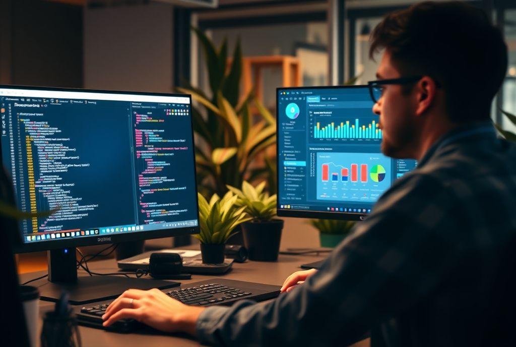 Two developers pair-programming a customer dashboard interface
