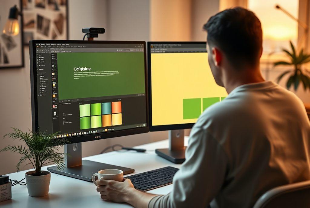 Designer refining a homepage layout across two monitors