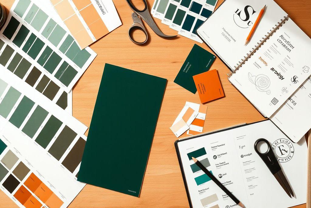 Brand colour palettes and typography specimens laid out on a studio table