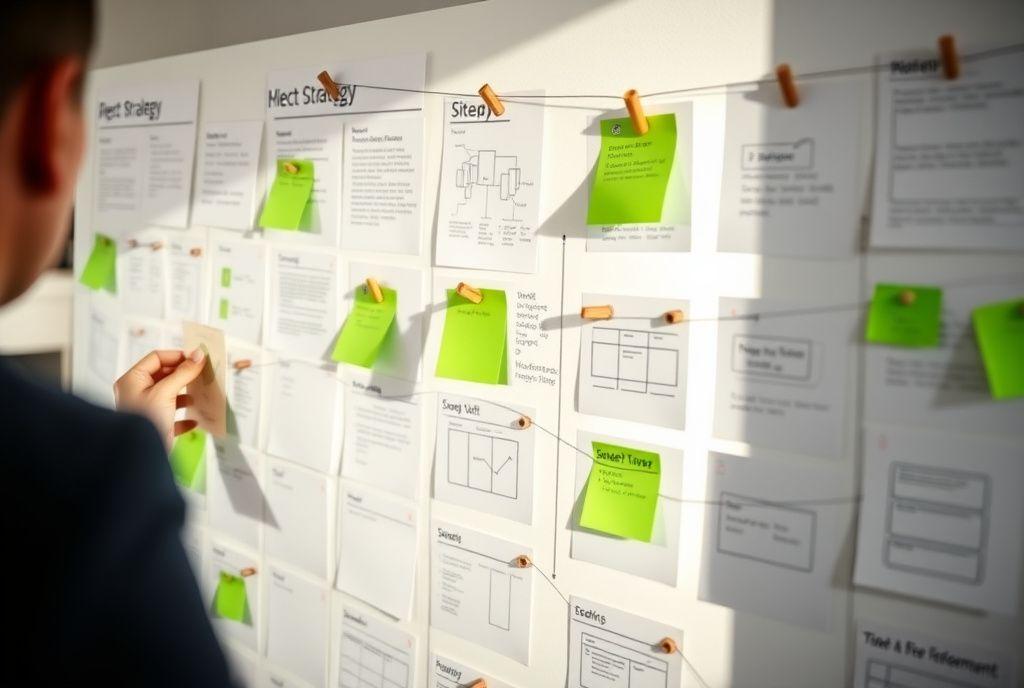 Project strategy wall with sitemap cards and sketches at the Fernpoint studio